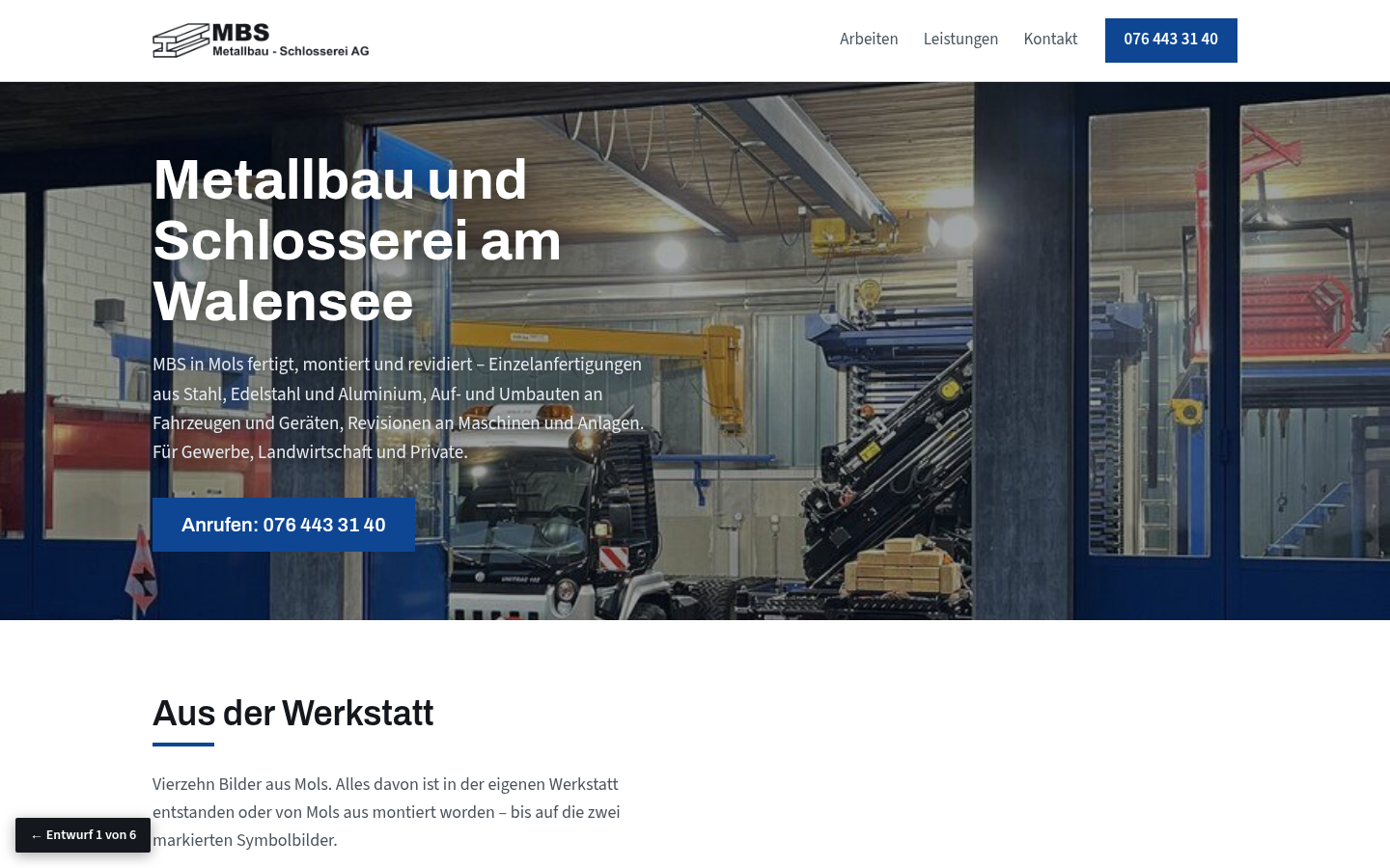 Entwurf 1, Werkhalle: weisse Seite mit Foto-Hero und blauer Telefonschaltfläche