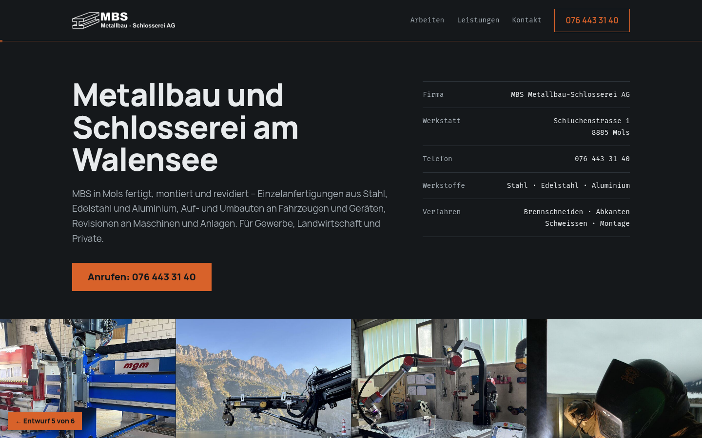 Entwurf 5, Brennschnitt: dunkler Stahlgrund mit orangem Akzent und drei hohen Tafeln